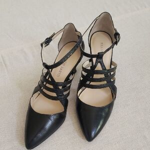 Franco Sarto Shoe Womens 8.5 Fernleaf Black Heeled Shoes Ankle Strap